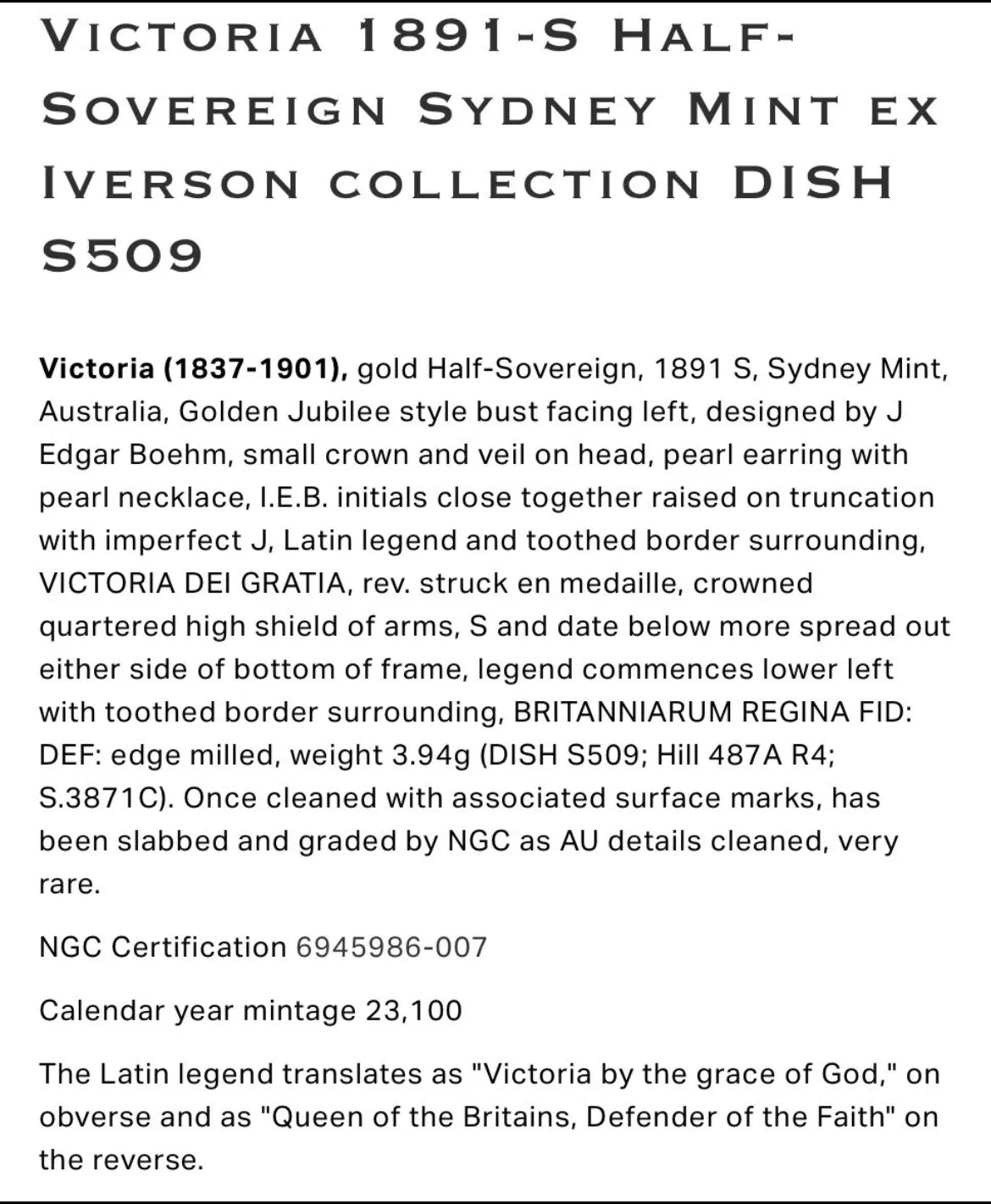 *MARSH R4 Rarity* Victoria 1891-S Gold Half Sovereign Sydney - One of a Kind - Ex Iverson Collection