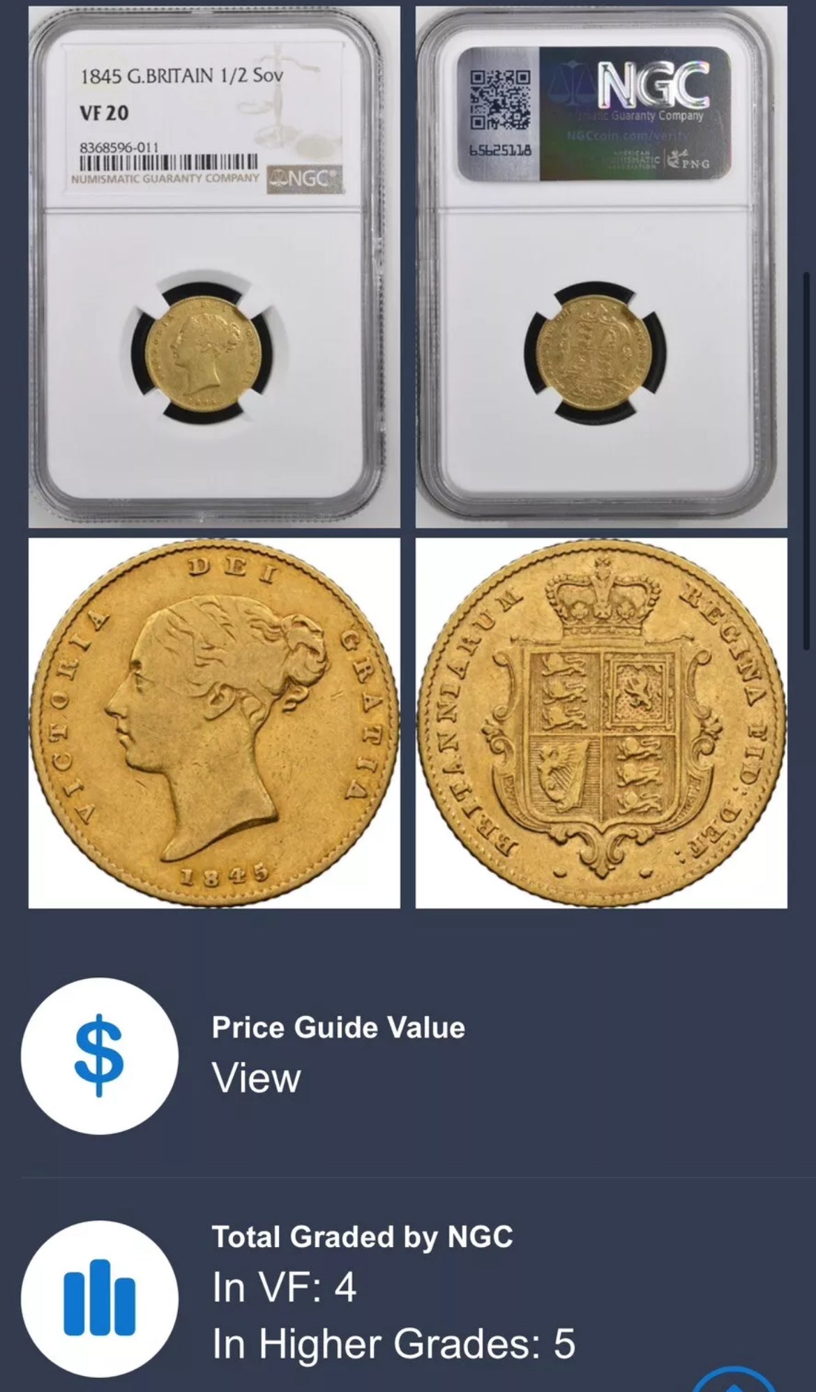 *R3 V.RARE* NGC Graded 1845 Gold Half Sovereign - Valued @ £5,000 in Marsh Guide
