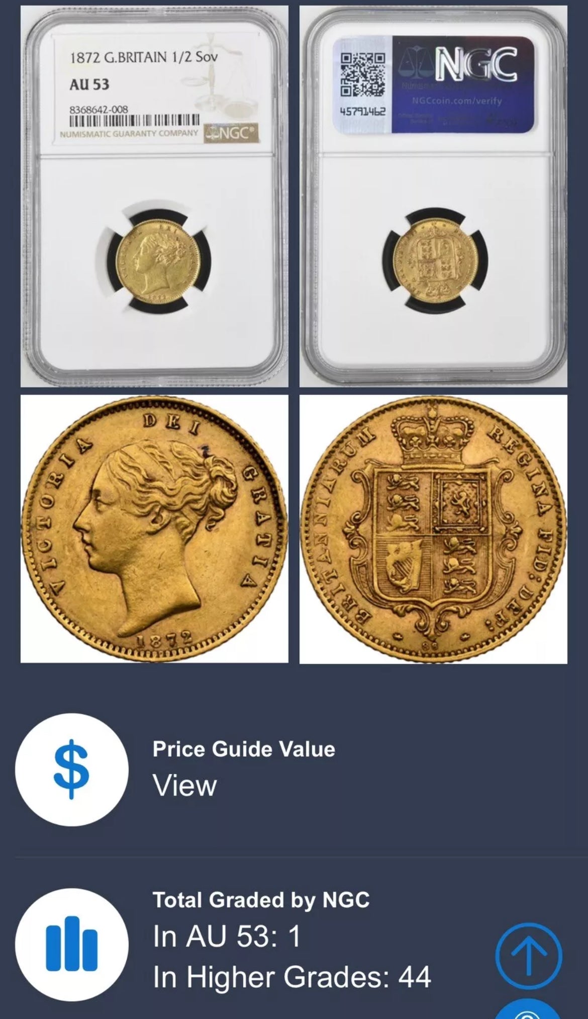 *R2 RARE* 1872 Victoria Gold Half Sovereign - NGC Graded 446D AU53
