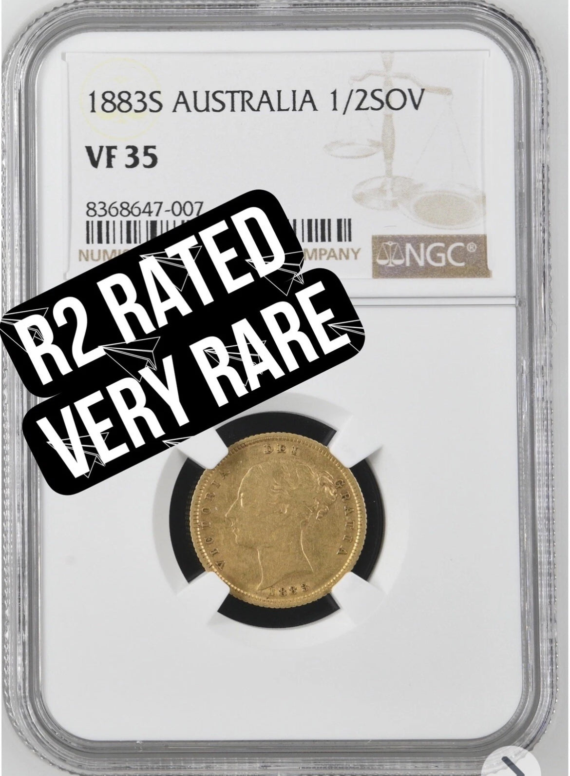 *R2 RARE* NGC Graded 1883 Sydney Gold Half Sovereign - Arabic 1 in REGINA