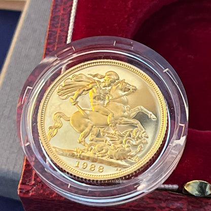 1988 QEII Proof Full Sovereign 22ct Gold coin with box and COA - Low Mintage