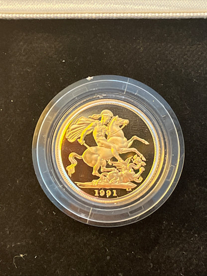 1991 QEII Proof Full Sovereign 22ct Gold coin with box and COA - Low Mintage