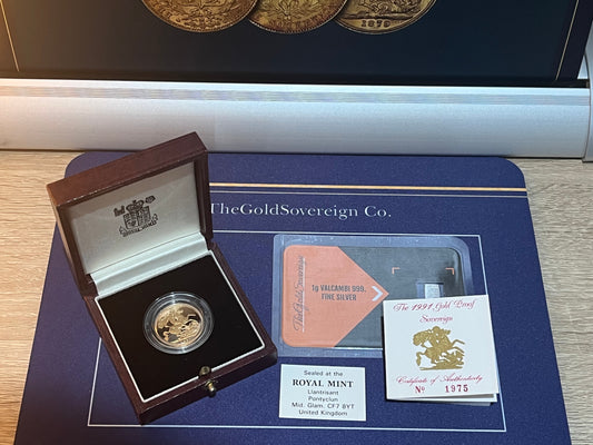 1991 QEII Proof Full Sovereign 22ct Gold coin with box and COA - Low Mintage