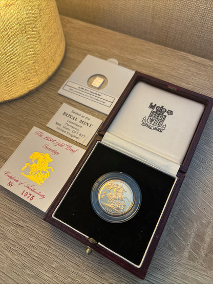 1991 QEII Proof Full Sovereign 22ct Gold coin with box and COA - Low Mintage