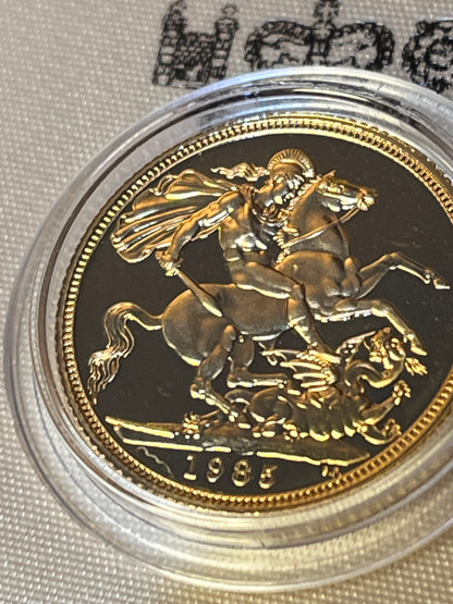 1985 QEII Proof Full Sovereign 22ct Gold coin with box and COA - Low Mintage