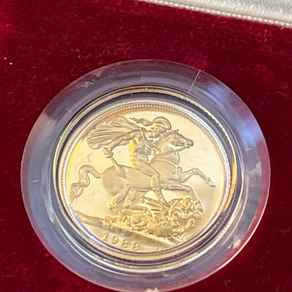 1988 QEII Proof Full Sovereign 22ct Gold coin with box and COA - Low Mintage