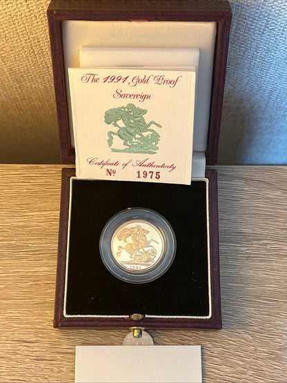1991 QEII Proof Full Sovereign 22ct Gold coin with box and COA - Low Mintage