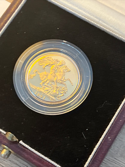 1991 QEII Proof Full Sovereign 22ct Gold coin with box and COA - Low Mintage