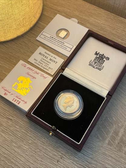 1991 QEII Proof Full Sovereign 22ct Gold coin with box and COA - Low Mintage