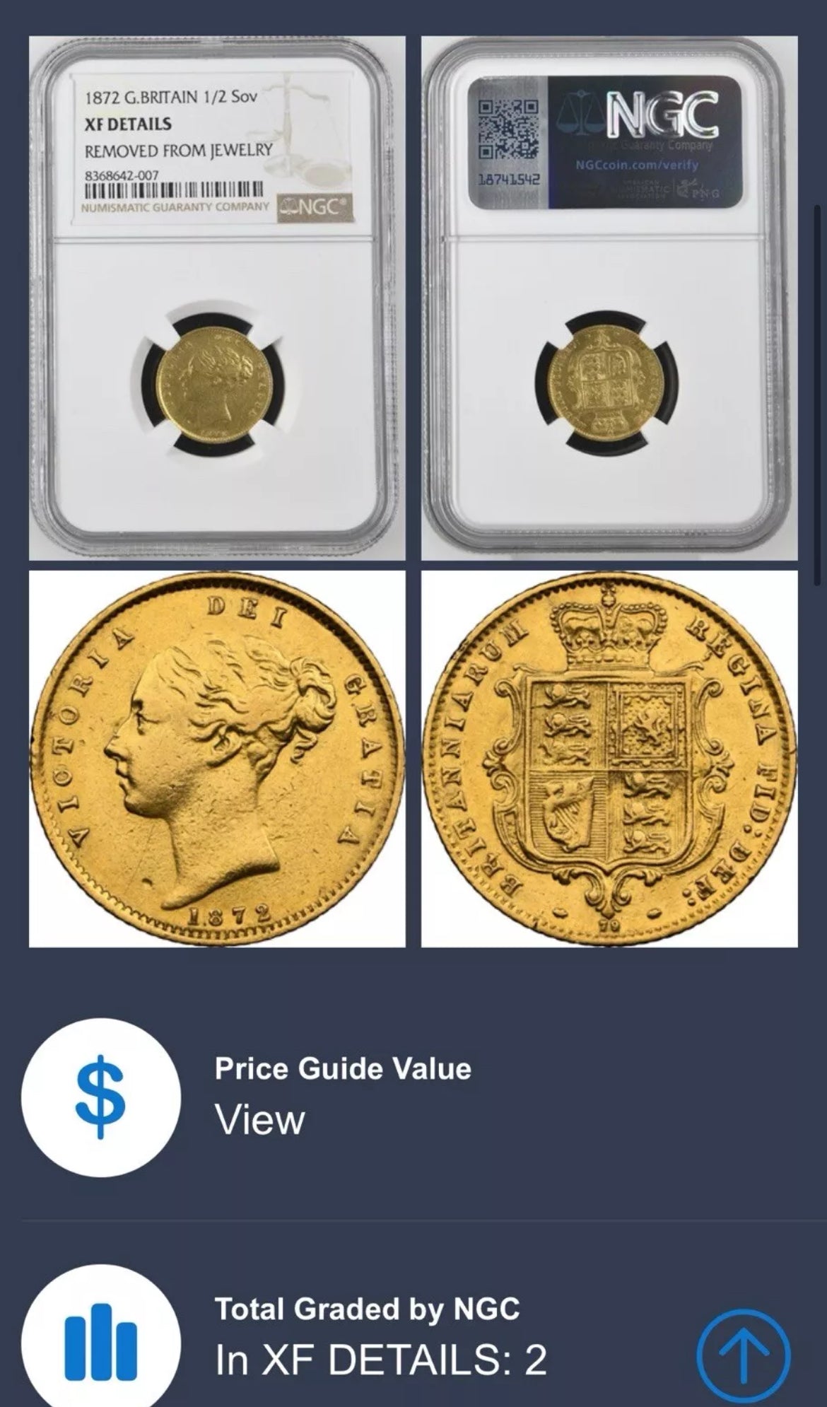 *R2 RARE* 1872 Victoria Gold Half Sovereign - NGC Graded 446D XF Details
