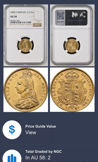 *RARE* NGC AU58 1890 Victoria Jubilee Gold Half Sovereign Shieldback- Low Shield