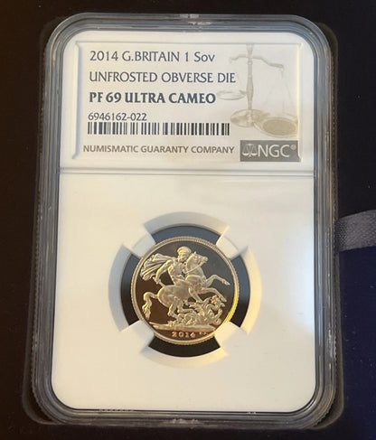 *RARE MULE COIN* 2014 QEII Sovereign -Unfrosted Obverse Die Error NGC PF69UC