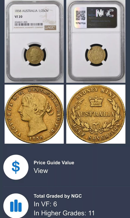 Rare 1858-S “Australia” Gold Half Sovereign - NGC Graded -Valued £2300 in 2024 Guide