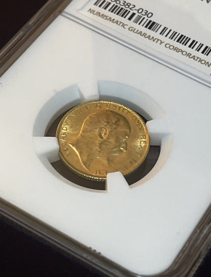 1907 Royal Mint Edward VII Half Sovereign -  Display Case & NGC Graded MS62+