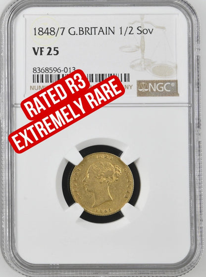 *R3 V.RARE* 1848/7 Mint Error Overdate - NGC Graded Victoria Gold Half Sovereign (£2300 valuation in 2024 guide)