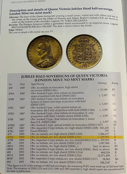 *RARE* NGC AU58 1890 Victoria Jubilee Gold Half Sovereign Shieldback- Low Shield