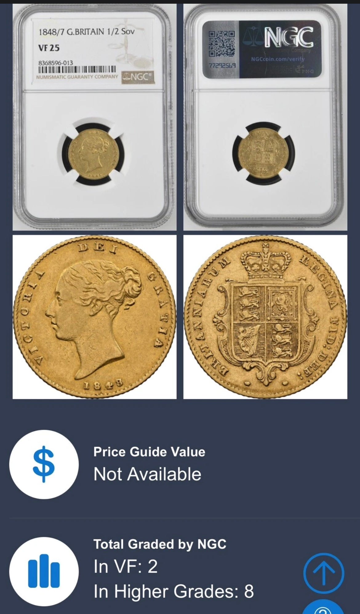 *R3 V.RARE* 1848/7 Mint Error Overdate - NGC Graded Victoria Gold Half Sovereign (£2300 valuation in 2024 guide)