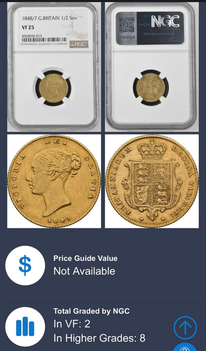*R3 V.RARE* 1848/7 Mint Error Overdate - NGC Graded Victoria Gold Half Sovereign (£2300 valuation in 2024 guide)