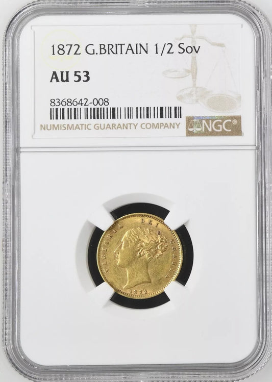 *R2 RARE* 1872 Victoria Gold Half Sovereign - NGC Graded 446D AU53