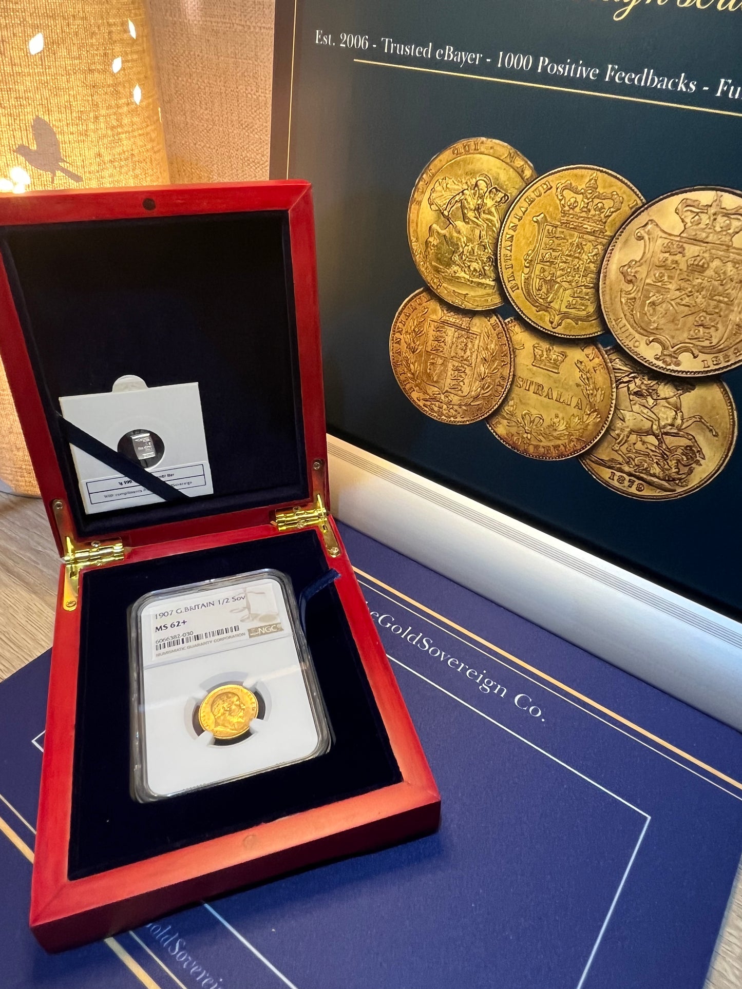 1907 Royal Mint Edward VII Half Sovereign -  Display Case & NGC Graded MS62+