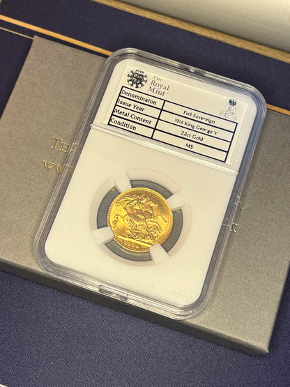 MINT STATE 1914 George V Full Sovereign 22ct Gold Coin  WOW condition, boxed + FREE Silver