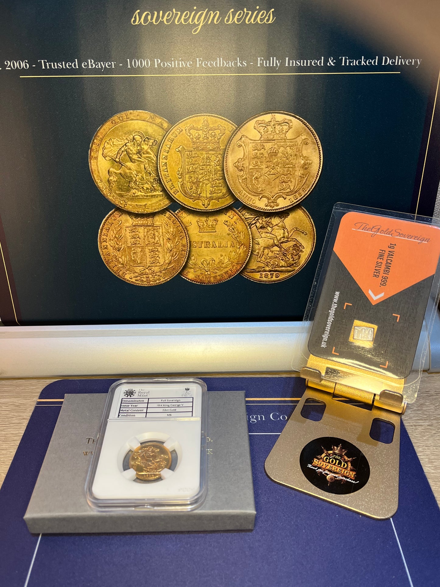 MINT STATE 1914 George V Full Sovereign 22ct Gold Coin  WOW condition, boxed + FREE Silver