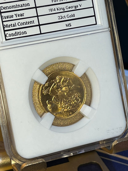 MINT STATE 1914 George V Full Sovereign 22ct Gold Coin  WOW condition, boxed + FREE Silver