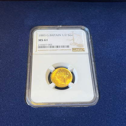 *RARE MINT STATE MS61* NGC Graded 1883 Gold Half Sovereign Coin + FREE Silver bar