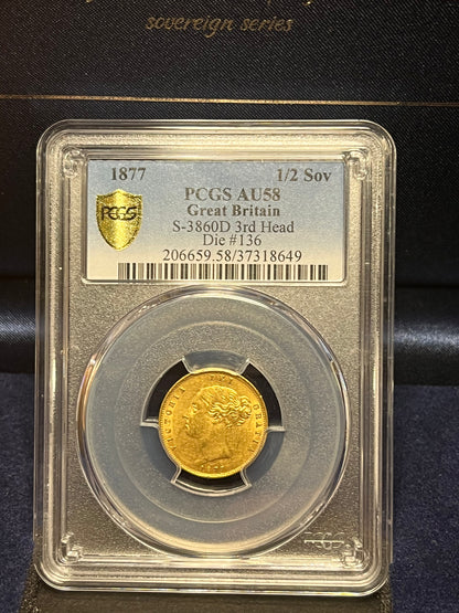 AU58 PCGS Graded 1877 Victoria Gold Half Sovereign Shieldback